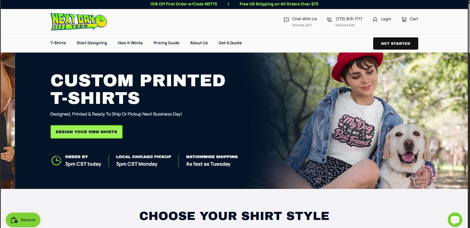 Screenshot of the Next Day Tees website