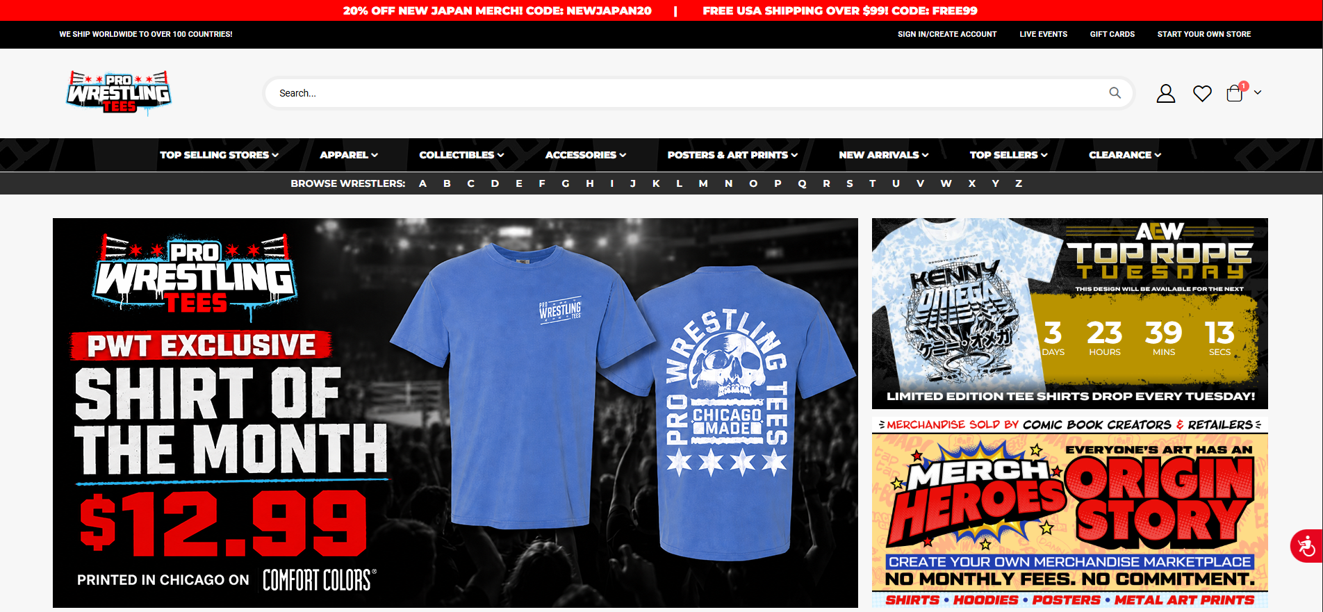 Screenshot of the Pro Wrestling Tees website